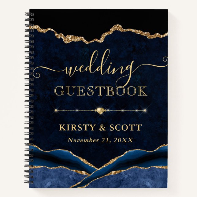 Blue & Gold Faux Glitter Agate Wedding Guest Book (Front)