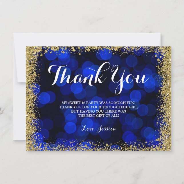 Blue Gold Faux Glitter Lights Sweet 16 Thank You Card (Front)