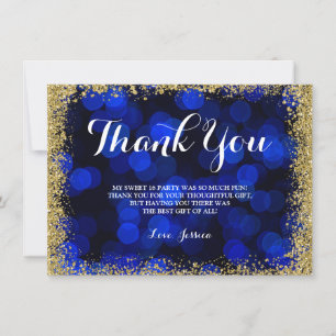 Blue Gold Faux Glitter Lights Sweet 16 Thank You Card