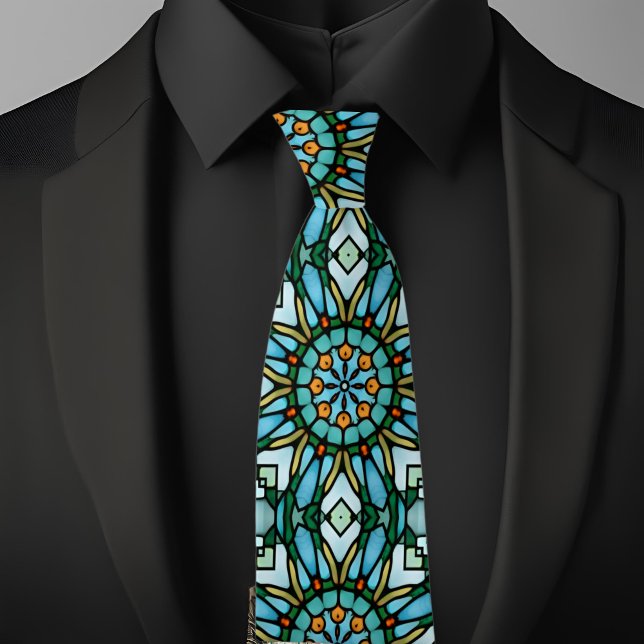 Blue Gold Faux Stained Glass Kaleidoscope Necktie (Creator Uploaded)