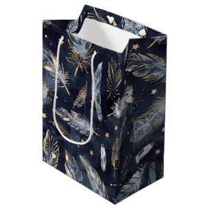 Blue Gold Feathers Stars Birthday Medium Gift Bag
