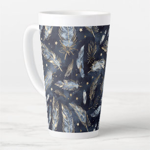 Blue Gold Feathers Stars Latte Mug