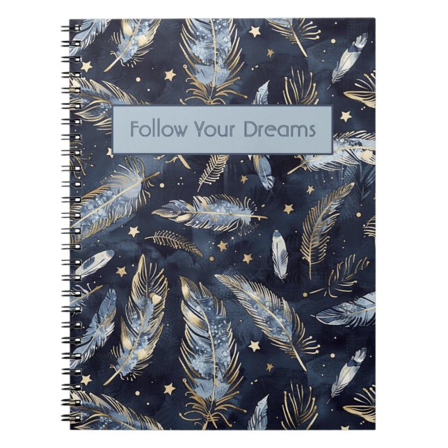 Blue Gold Feathers Stars Notebook (Front)