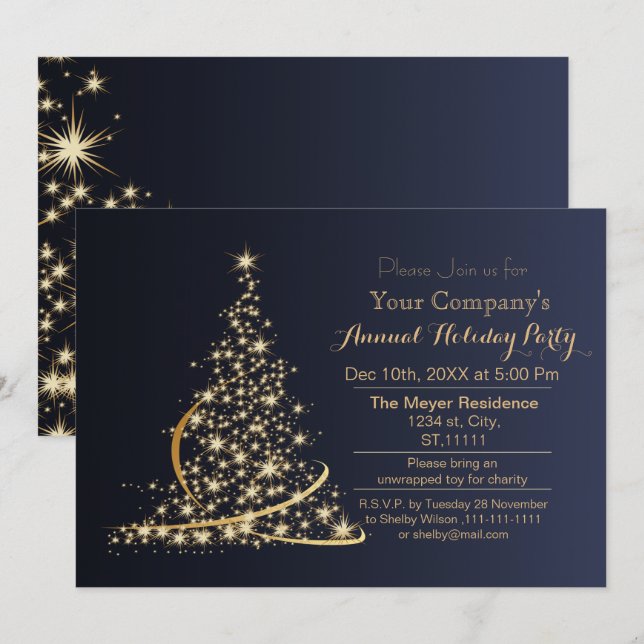 blue Gold Festive Corporate holiday party Invitation (Front/Back)
