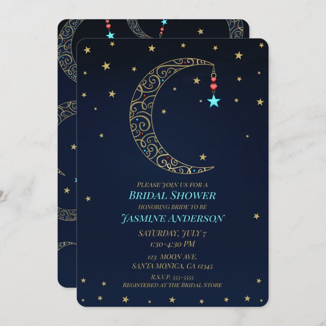Blue Gold Filigree Moon Celestial Bridal Shower Invitation (Front/Back)