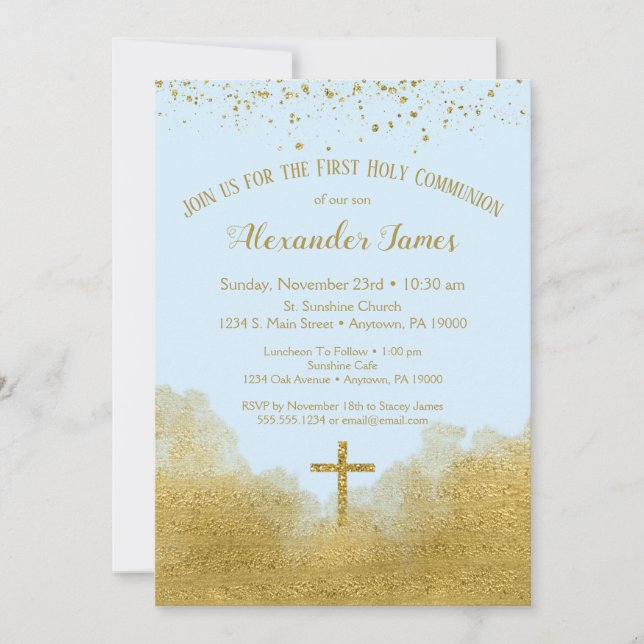 Blue Gold First Holy Communion Invitation Boy (Front)