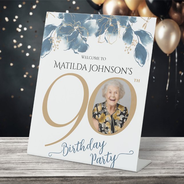 Blue Gold Floral 90th Birthday Party Welcome Pedestal Sign (Blue Gold Floral 90th Birthday Party Welcome Pedestal Sign)
