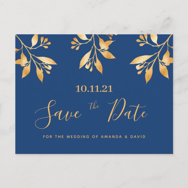Blue gold floral botanical wedding Save the Date Postcard (Front)