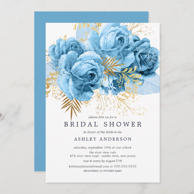 Blue & Gold Floral Bridal Shower Invitation (Front/Back)