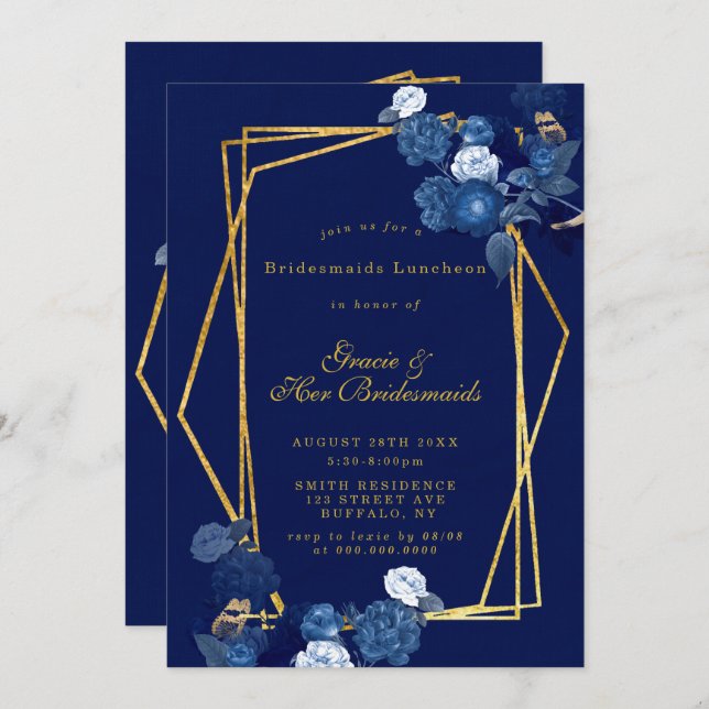 Blue & Gold Floral Bridesmaids Luncheon Invites (Front/Back)
