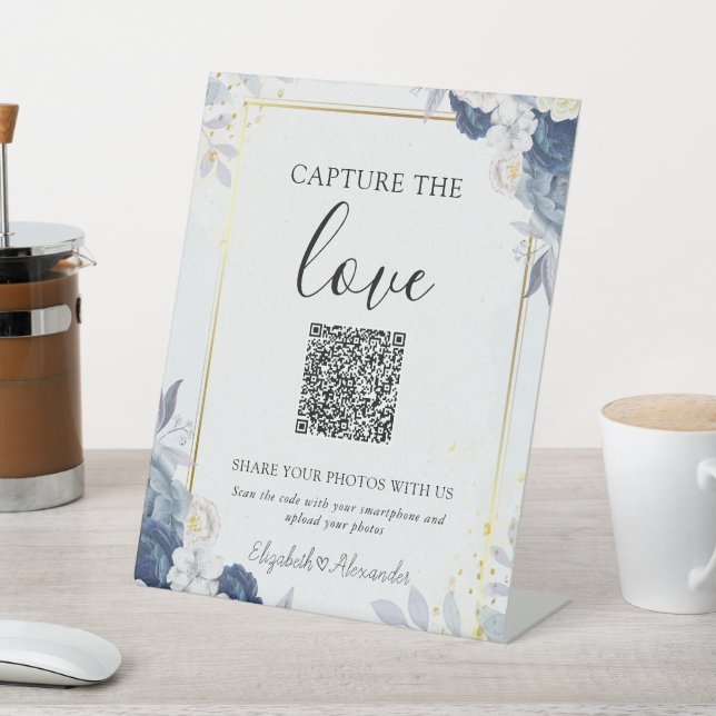 Blue Gold Floral Capture The Love Wedding  Pedestal Sign (In SItu)