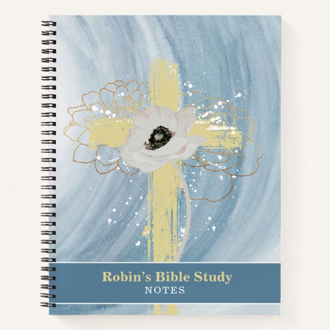 Blue Gold Floral Cross Personalised Bible Study Notebook (Front)