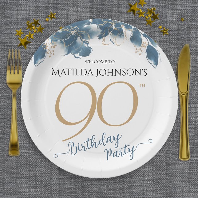 Blue Gold Floral Custom 90th Birthday Party  Paper Plate (Blue Gold Floral Custom 90th Birthday Party Paper Plates)