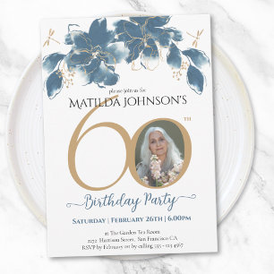 Blue Gold Floral Custom Photo 60th Birthday Invitation