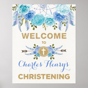 Blue Gold Floral Dreamcatcher Christening Welcome Poster