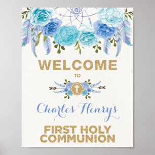 Blue Gold Floral Dreamcatcher Communion Welcome Poster