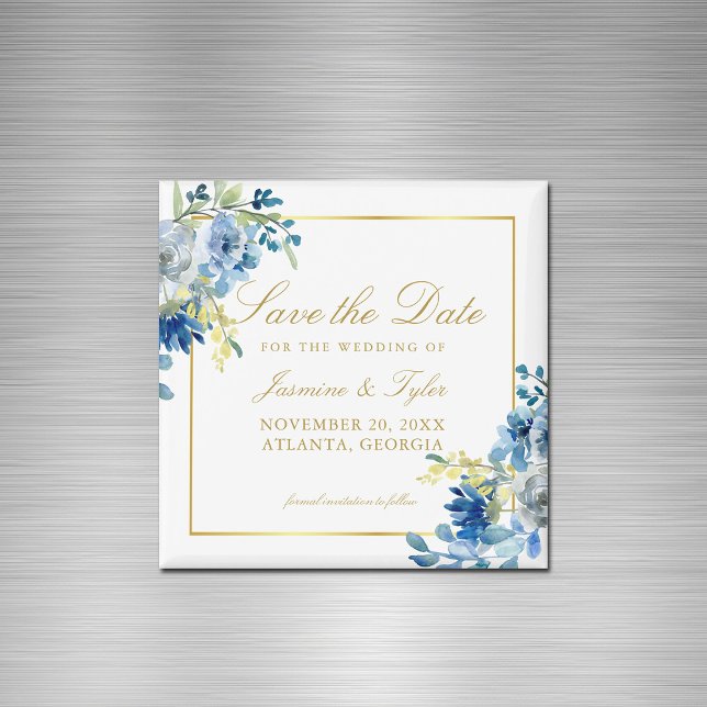 Blue Gold Floral Elegant Evening Save the Date Magnet (Creator Uploaded)
