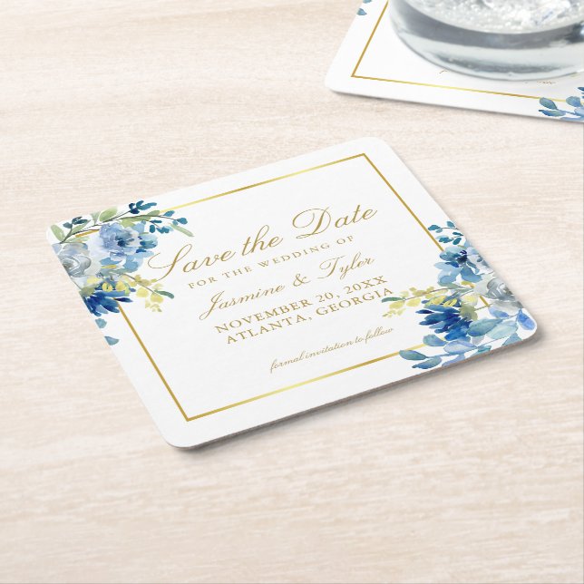 Blue Gold Floral Elegant Evening Save the Date Square Paper Coaster (Angled)