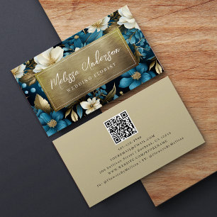 Blue Gold Floral Foil QR Code Luxe Business Card