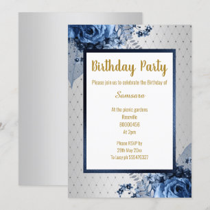 BLUE GOLD FLORAL FULL PRINT ALL OCCASION BIRTHDAY INVITATION