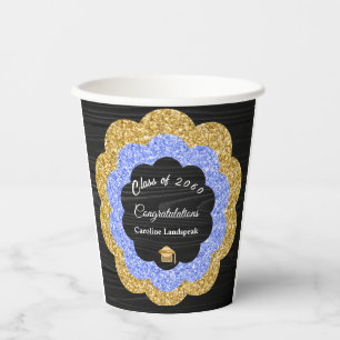 Blue Gold Floral Graduation Party Paper Cups