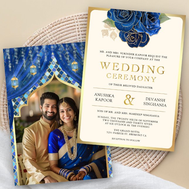 Blue Gold Floral Indian Hindu Photo Wedding Invitation (Creator Uploaded)