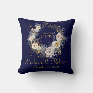 Blue Gold Floral Monogram Logo Wedding Gift  Cushion