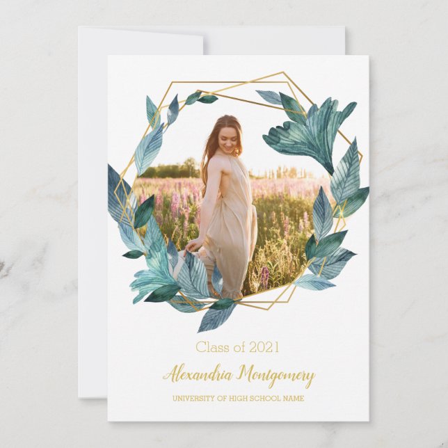 Blue Gold Floral Photo Graduation Party Invitation (Front)