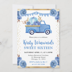 Blue Gold Floral Pumpkin Truck Fall Sweet 16 Invitation