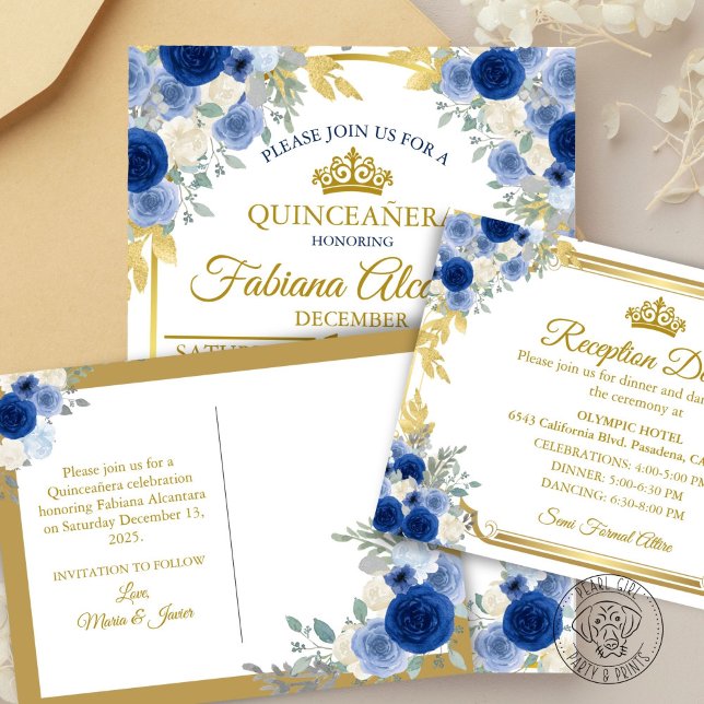 Blue & Gold Floral Save the Date Announcement Postcard (Creator Uploaded)