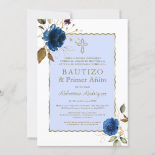 Blue Gold Floral Spanish 1st Birthday & Baptism Invitation