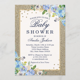 Blue Gold floral Sparkle Baby Shower Invite