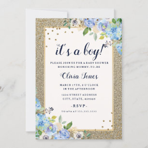 Blue Gold floral Sparkle Boy Baby Shower Invitation