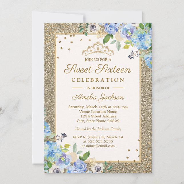 Blue Gold floral Sparkle Sweet Sixteen Invite (Front)