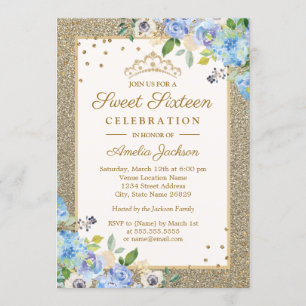 Blue Gold floral Sparkle Sweet Sixteen Invite