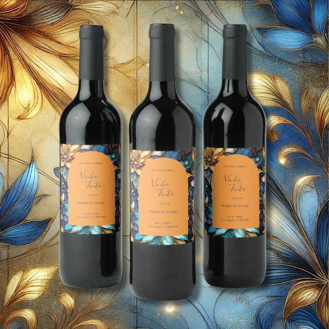 Blue & Gold Floral Stained Glass Elegant wedding Wine Label (Creator Uploaded)