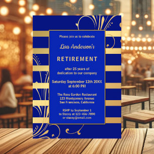 Blue Gold Floral Striped Retirement Invitation