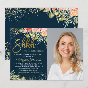 Blue Gold Floral Surprise Retirement Party Photo Invitation