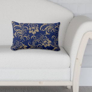 Blue Gold Floral Swirl Lumbar Cushion