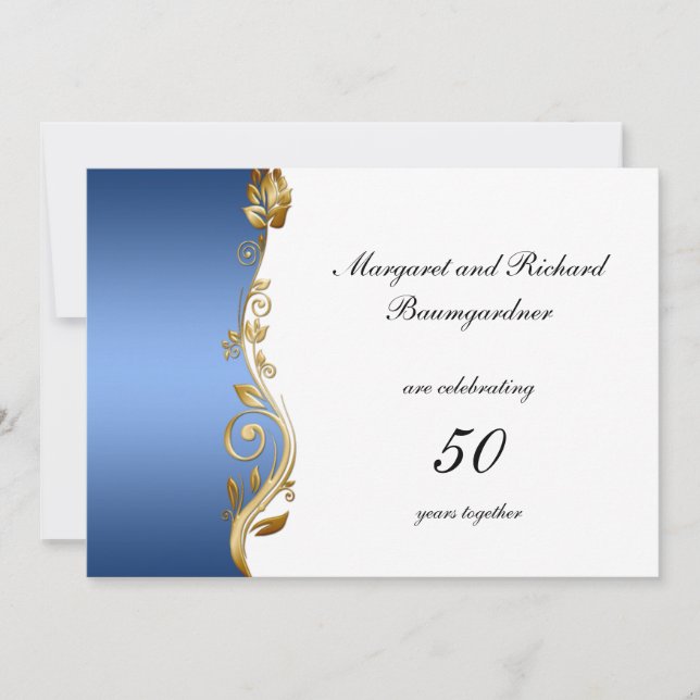 Blue Gold Floral Swirls 50th Wedding Anniversary Invitation (Front)