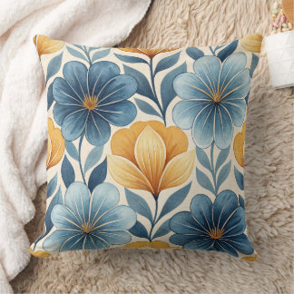 Blue & Gold Floral Throw Pillow