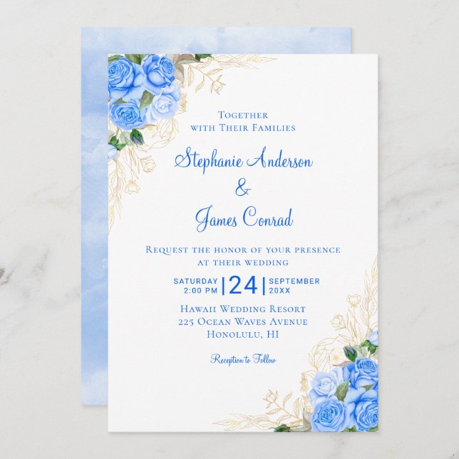 Blue Gold Floral Watercolor Wedding Invitation (Front/Back)