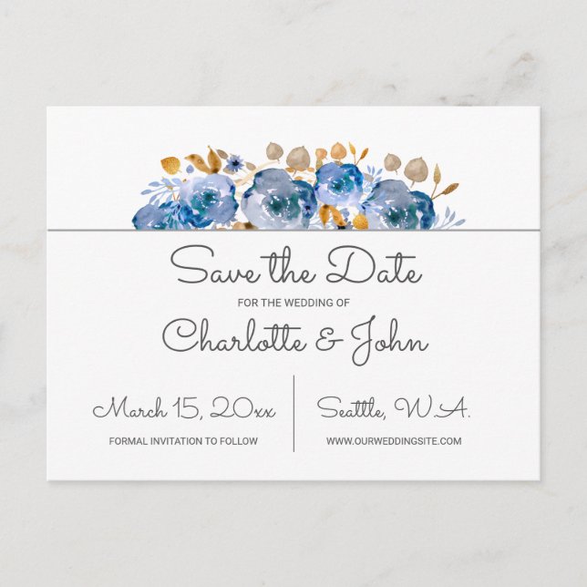 Blue Gold Floral Wedding Announcement Postcard (Front)