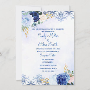 Blue gold floral wedding invitation watercolor