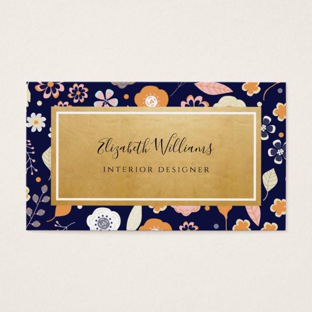 Blue Gold Florals Interior Designer Business Cards (Front)