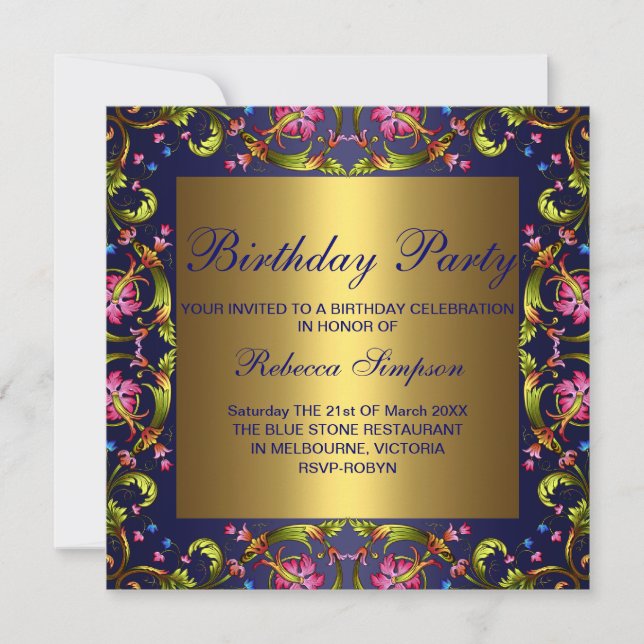 Blue & Gold Flower Garden Birthday Invitation (Front)