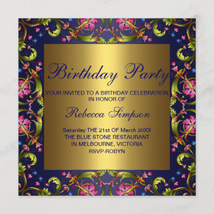 Blue & Gold Flower Garden Birthday Invitation