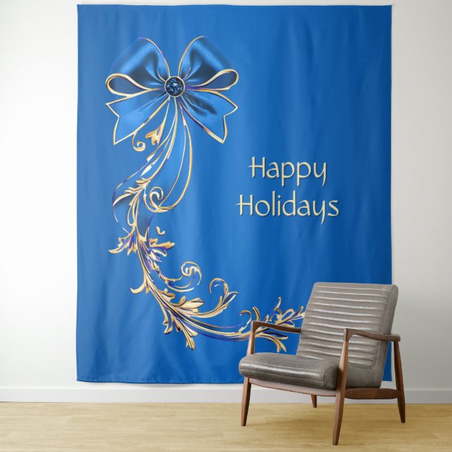 Blue Gold Flower Holiday Backdrop Tapestry (In Situ)