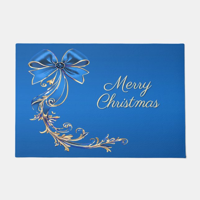 Blue Gold Flower Holiday Doormat (Front)