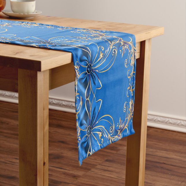 Blue Gold Flower Holiday Table Runner (In Situ)